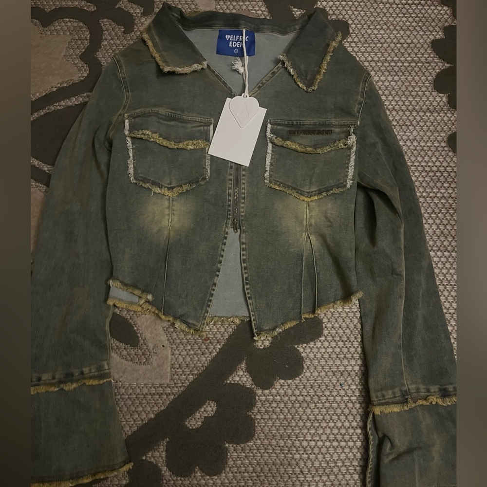 Aelfric Eden fringe zip up denim jacket.